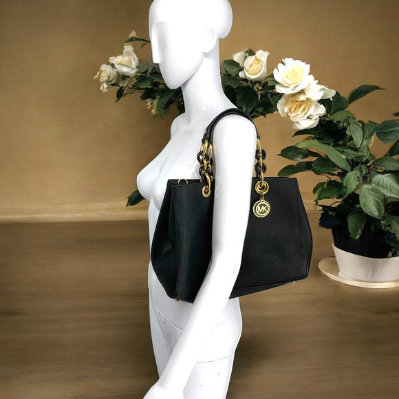 Michael Kors Cynthia Black Saffiano Leather Chain Handle Satchel Purse Bag - Picture 11 of 11